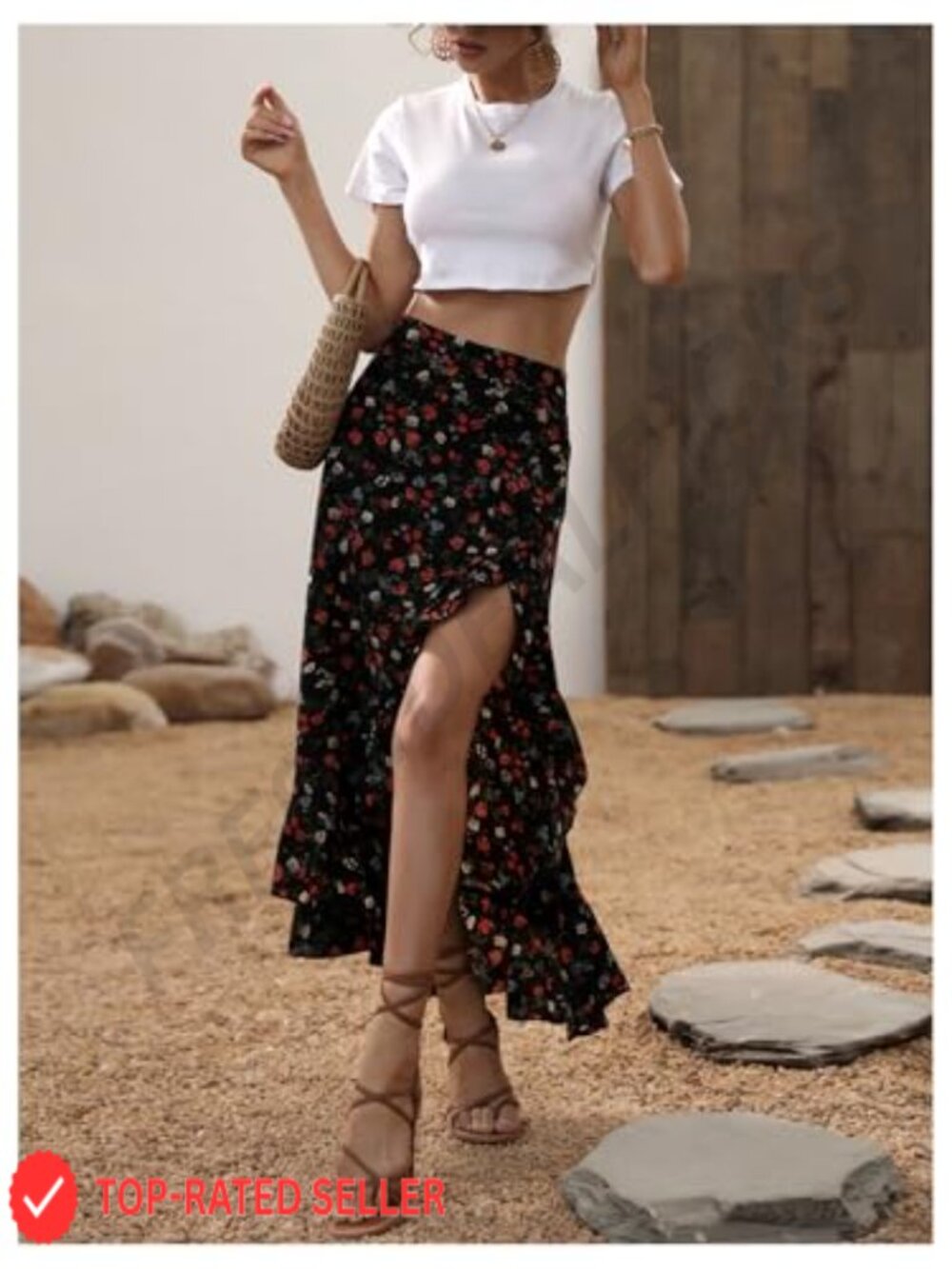 Boho Floral Maxi Skirt High Waisted Ruffle Split Thigh Elegant Chic - Picture 5 of 6